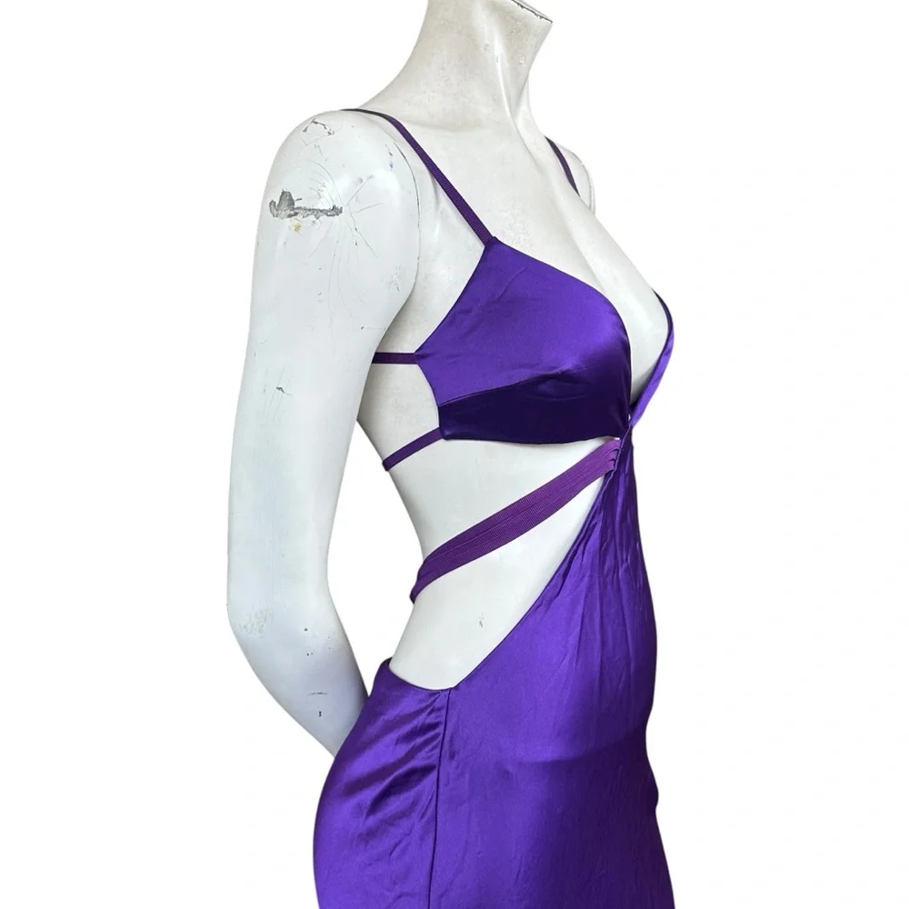 Retrofete Selma Slinky Satin Purple Cutout Low Cut Maxi Gown Size Small